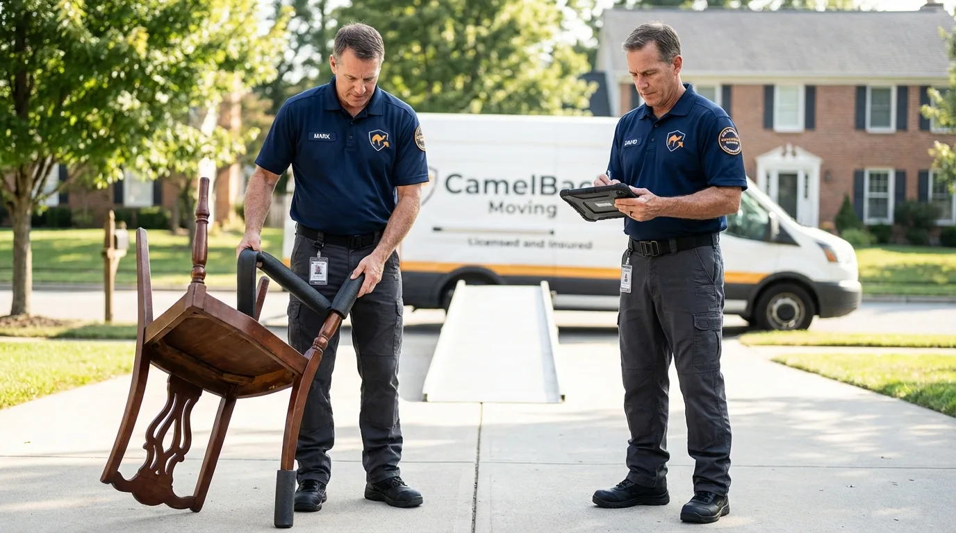 Movers inspecting furniture for damage prevention before loading in Wadley, GA